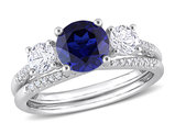 1.60 Carat (ctw) Lab-Created Blue Sapphire Engagement Ring & Bridal Wedding Set with Diamonds 10K White Gold